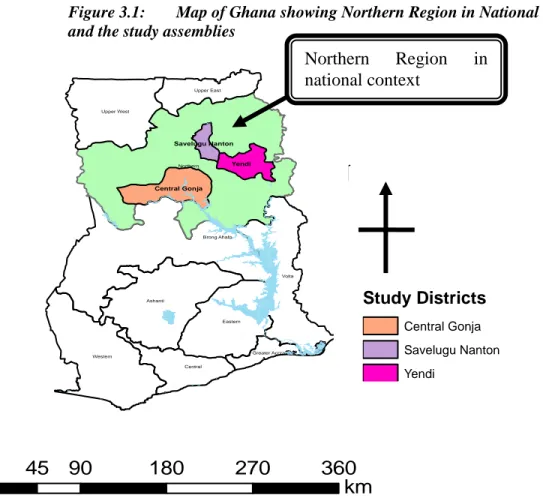 Figure 3.1:  Map of Ghana showing Northern Region in National Context  and the study assemblies  