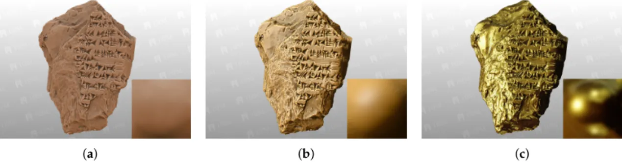 Figure 3. A set of different materials, with the corresponding square lit-sphere texture shown in the bottom right, including diffuse clay (a), glossy clay (b) and polished gold (c).