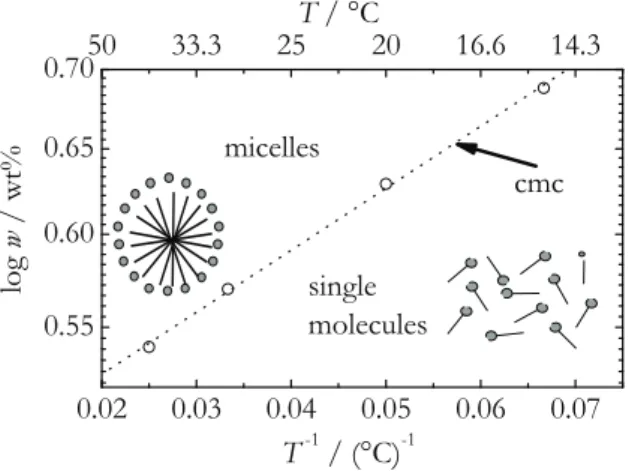 Figure 4.4.: Temperature dependence of the cmt for the C 8 G 1 /H 2 O system. The cmt scales linearly with the inverse temperature.