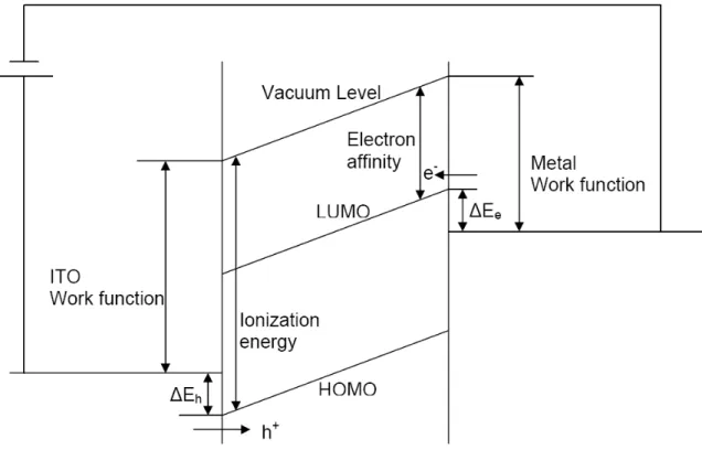 Figure 1.4 Schematic energy-level-diagram for single layer PLED system. 