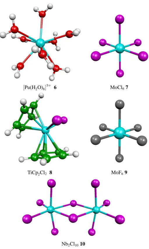 Figure 6.2: TiCp 2 Cl 2 8, MoF 6 9, MoCl 6 7 and Nb 2 Cl 10 10 were optimized with the RI-BP86/SVP in TURBOMOLE