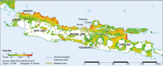 Figure 1: Risk towards tidal and rain/river floods on Java 