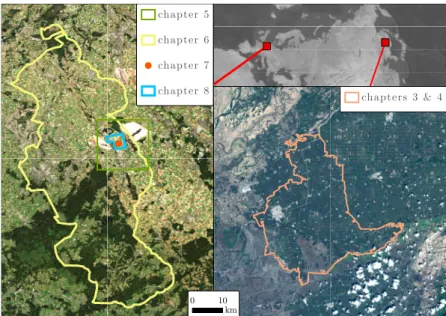 Figure 2.2: Overview of the study sites. Image Background: Sentinel-2 images, acquired on 2018-07-02 (left) and 2018-08-23 (right), Copernicus Sentinel data (2018)