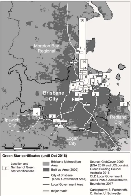 Figure 5.4: Locations of Green Star certified projects in Brisbane    