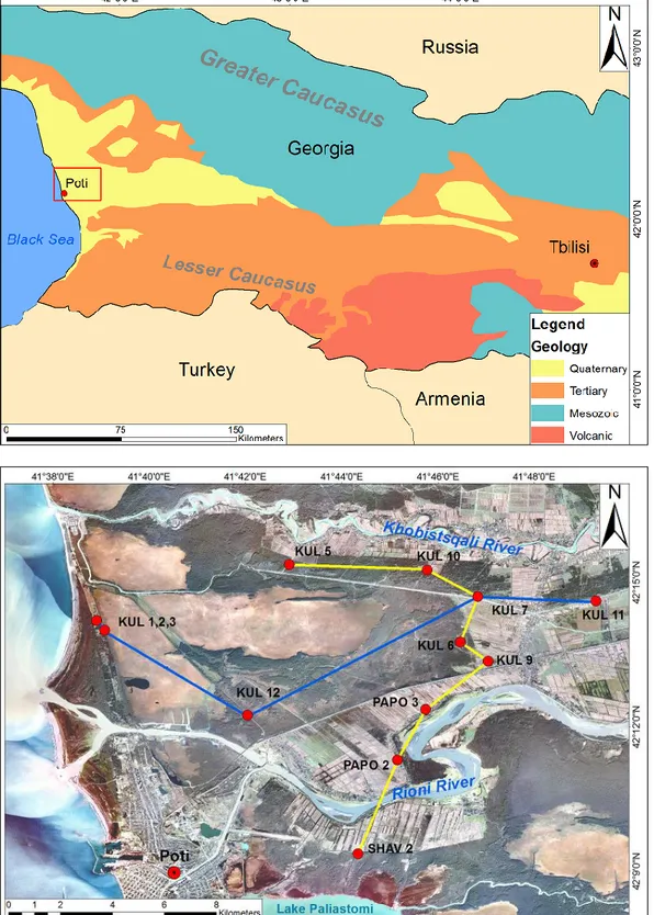 Fig. 2.1: Overview of the research area with location of coring sites and trenches. They are arranged  in transects A (blue line) and B (yellow line)