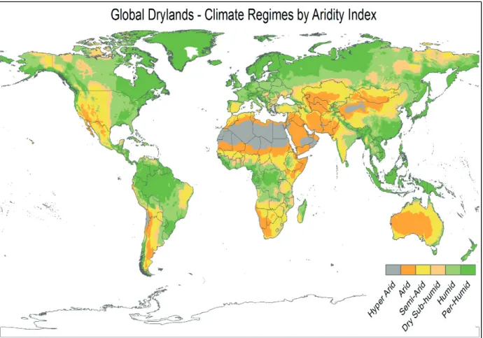 Fig.  2:  A  map  of  global  drylands  illustrating  various  climatic  regimes  using  the  United  Nations Education Program (UNEP) aridity classification systems (see Figs