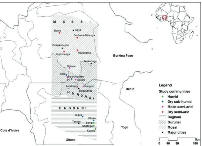 Fig. 4: Study area comprising northern Ghana and south-central Burkina Faso with 15  villages across three major ethnic groups (Dagbani, Gurunsi and Mossi) located along a  gradient  of  climatic  aridity