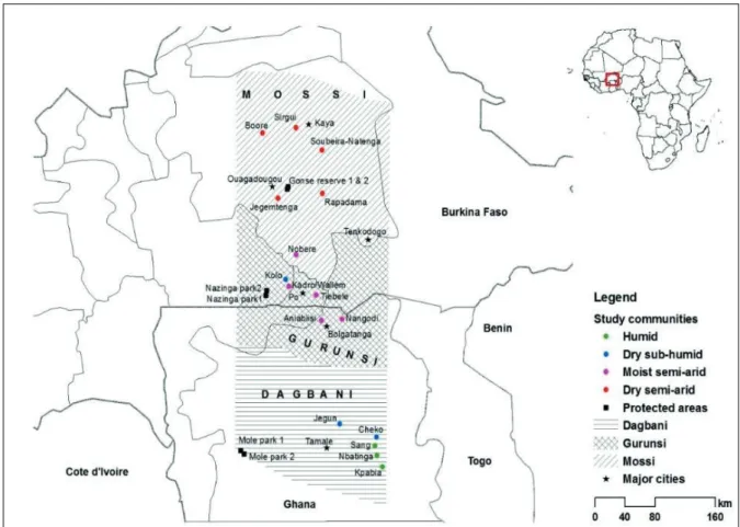 Fig.    9:  Map  depicting  the  three  major  ethnic  groups  in  16  rural  communities  and  the  climatic aridity classes located within northern Ghana and southern-central Burkina Faso