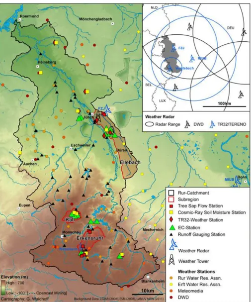 Figure  1:  Study  area  of  the  Transregional  Collaborative  Research  Centre  32  (SFB/TR32),  located  in  the  Rur  catchment  of  western  Germany
