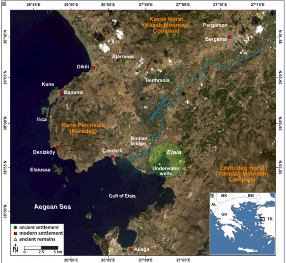 Fig. 2 The area of research at the Aegean coast of Turkey. (a) Landsat 8 satellite image (acquired 23 Septem- Septem-ber 2013; RBG composite based on bands 4, 3, 1), with locations mentioned in the text