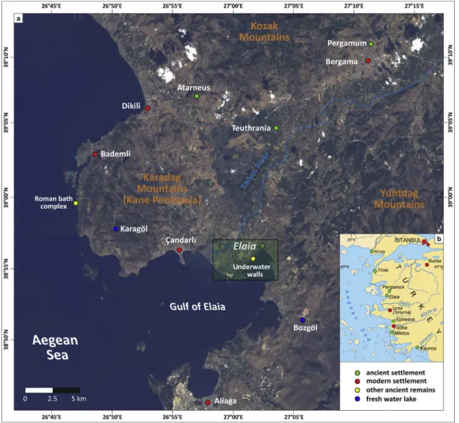Fig. 1. Area of research at the Aegean coast of Turkey. (a) Overview based on Landsat 8 (acquired September 23, 2013; composition based on bands 4, 3, 1) with locations mentioned in the text