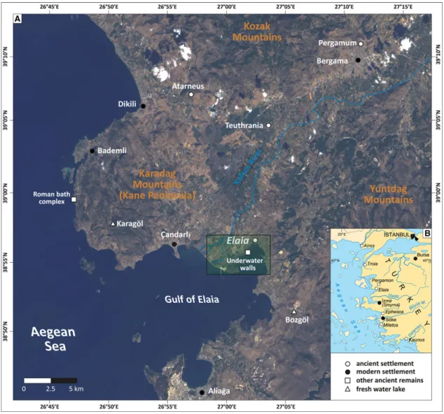 Figure 1 Area of research at the Aegean coast of Turkey. (A) Overview based on Landsat 8 (acquired September 23, 2013; composition based on bands 4, 3, 1) with locations mentioned in the text; (B) General map of western Turkey with a selection of ancient a