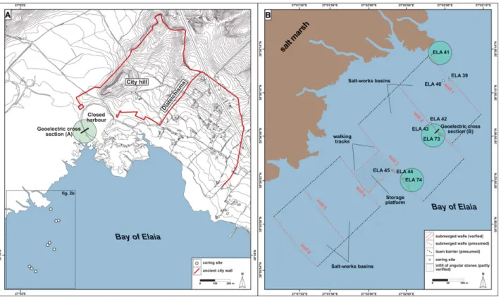 Figure 2 Location of vibracores carried out in the surroundings of the underwater walls in the Bay of Elaia