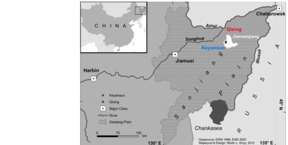 Figure 3-1: Location of the experiment fields Qixing and Keyansuo, Jiansanjiang Branch Bureau, Heilongjiang Bureau  of Agricultural Reclamation, Heilongjiang province, China