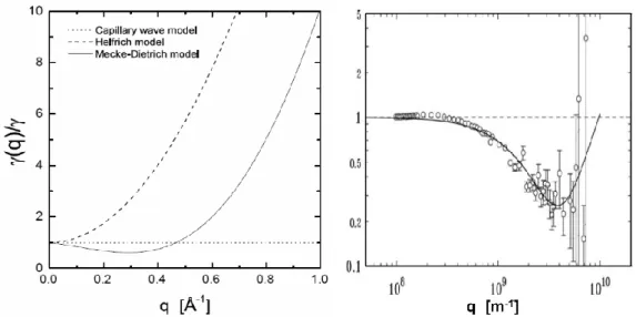 Figure 2.3: Surface tension as a function of q. Left: Comparison of Mecke- Mecke-Dietrich’s model of surface tension (solid curve) with the phenomenological capillary wave theory (dotted curve) and the Helfrich theory (dashed curve).