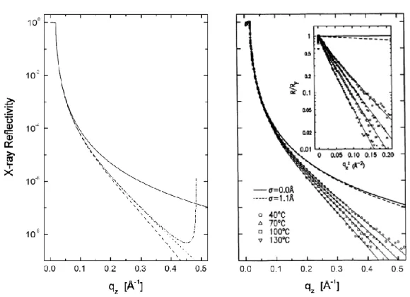 Figure 3.4: Left: Theoretical reflectivity curves for CH 3 − [CH 2 ] 1 8 − CH 3 at T = 130 ◦ C
