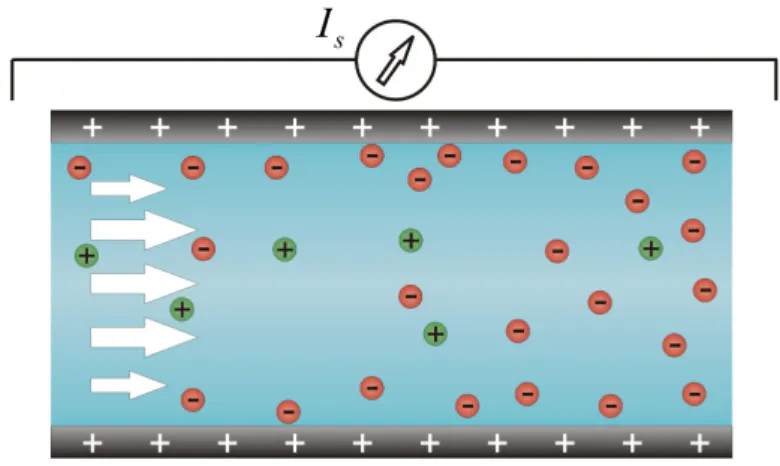 Figure 2.2: Principle of the measurement of the streaming current. The flow in the channel or capillary moves the electric double layer, causing the streaming current I s .