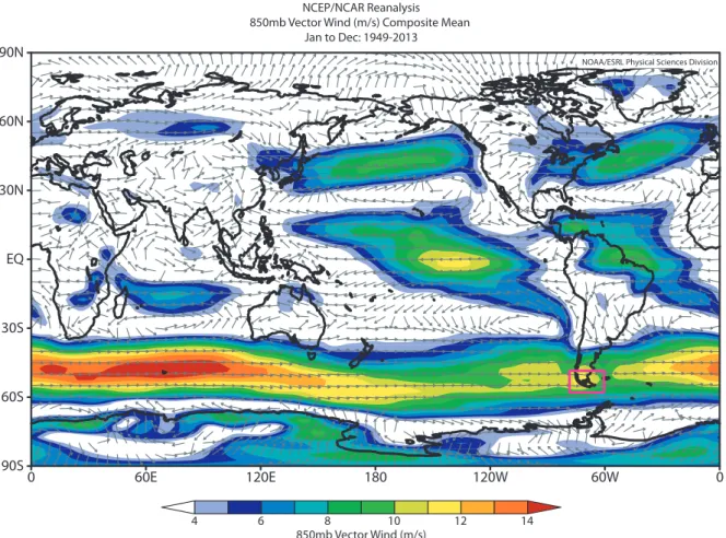 Figure 1.  Global map showing the average wind (annual mean) at 850 mb during the period 1949-2013