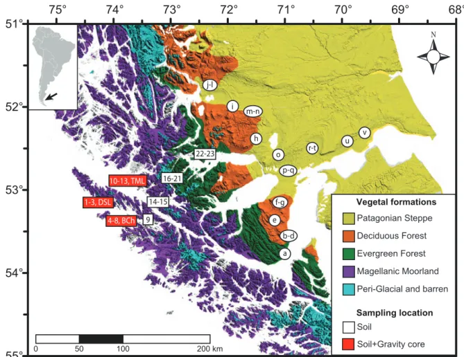 Figure 10.  Vegetation map (after Figure 8) showing the location of samples utilized to the study of the modern  pollen-rain that include the main plant formations occurring along a west-east transect in Southern Patagonia