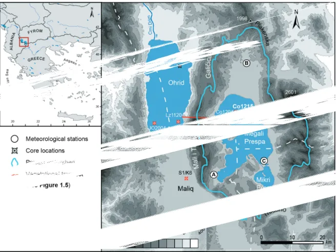 Figure 1.2: Location of study area in southwestern Balkans and topography. Locations and codes of palaeorecords  mentioned in the text: Co1215 (this study), Co1216 (Wagner et al., 2012), Co1204 (Leng et al., 2010; Wagner et  al., 2010), Co1202 (Vogel et al