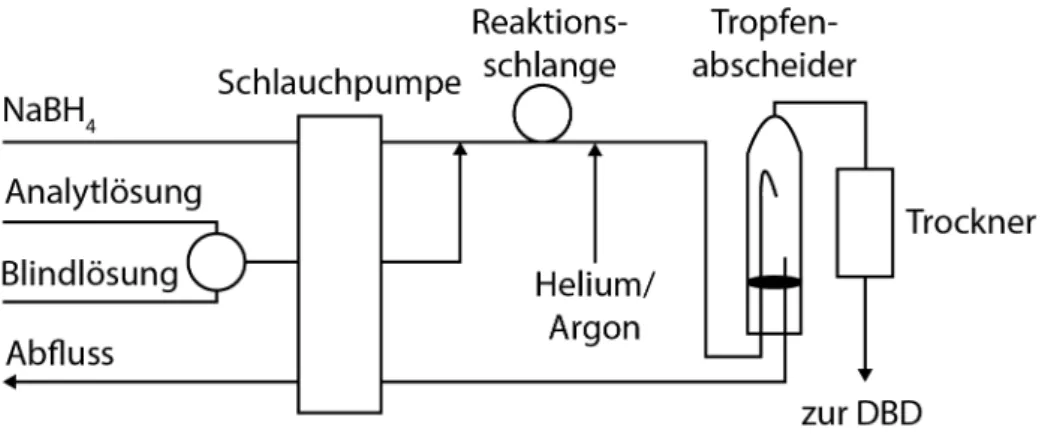 Abbildung 21: Schematische Darstellung eines Hydridgeneratorsystems. Die Analyt- Analyt-lösung oder BlindAnalyt-lösung reagiert mit der reduzierenden Lösung in  ei-ner Reaktionsschlange