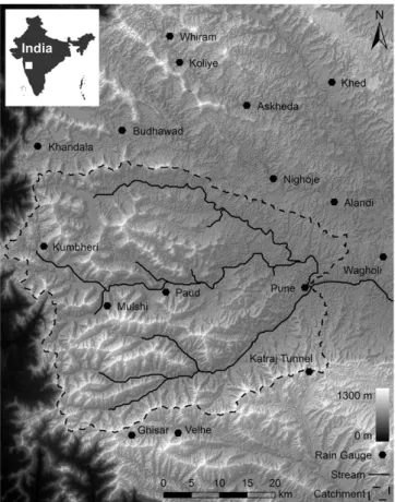 Fig. 1. Topography of the study area with the Mula–Mutha catchment and the available rain gauges.