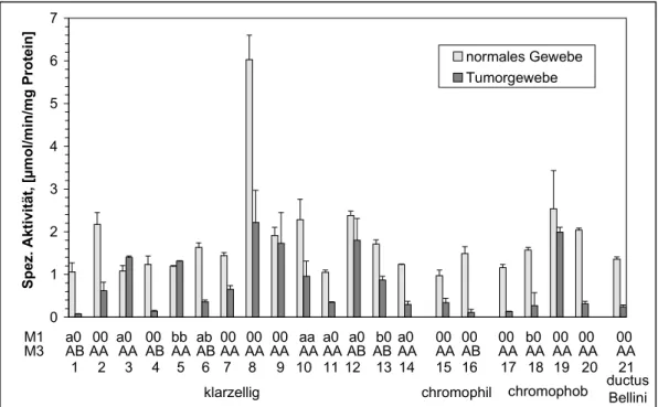 Abb. 6: Spezifische Aktivität der hGST  µ -Klasse gegenüber DCNB in normalem Gewebe und in Tumorgewebe in Abhängigkeit der Tumorcytomorphologie und der GSTM1-und GSTM3-Genotypen