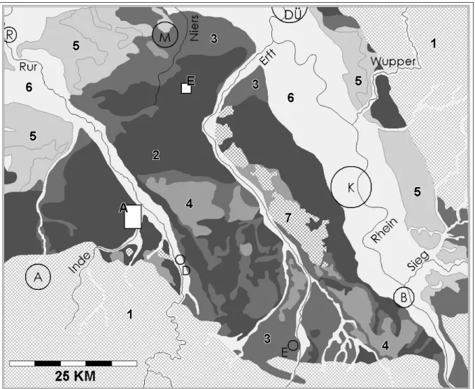 Abb. 1: Substrate und Böden in der Kölner Bucht und angrenzenden Landschaften, Lage der  Arbeitsgebiete (verändert nach: Geologisches Landesamt 1988: Abb