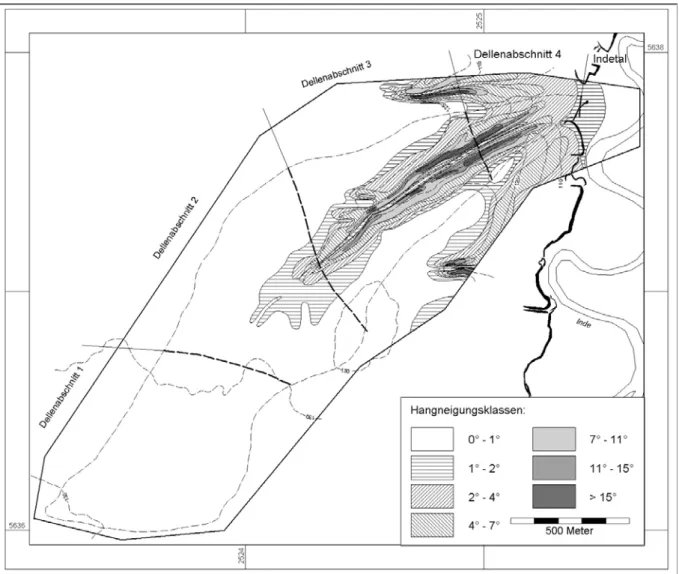 Abb. 5: Hangneigungen in der Altdorfer Delle im Jahre 2000 v. Chr. Die kräftig  durchgezogene Linie markiert die Grenze der Kartierung der Hangneigungen