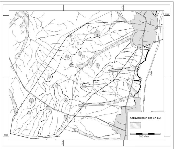 Abb. 8: Kartierung von Kolluvien im Vorfeld des Tagebaus Inden nach der BK 50. Die  durchgezogenen Linien kennzeichnen die Tiefenlinien der Dellen
