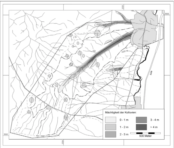 Abb. 9: Verbreitung der Kolluvien in der Altdorfer Delle und Umgebung nach eigener  Kartierung