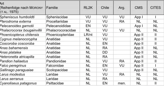 Tab. 13: Nach G LADE  (1993) national gefährdete Zugvögel für das Matorral, Chile. RL2K: Interna- Interna-tionale Rote Liste nach H ILTON -T AYLOR  (2000), Chile, Arg: Nationale Rote Listen