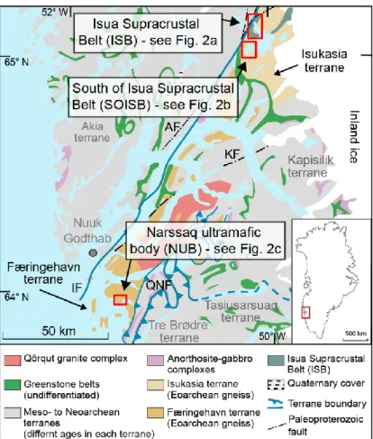 Fig.  1.2:  Simplified  geological  map  of  southern  west  Greenland  Sample  localities  are  indicated  by  black  boxes  and shown in detail in Figs