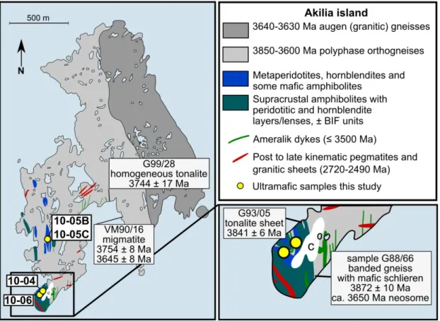 Figure  2-10:  Simplified  geological  maps  of  the  location  Akilia  Island  indicated  in  Fig