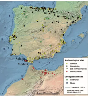 Fig. 1.3: Distribution of the archaeological sites, geological archives, and the location of Laguna de  Medina and Laguna Salada (red stars) on the Iberian Peninsula and Morocco