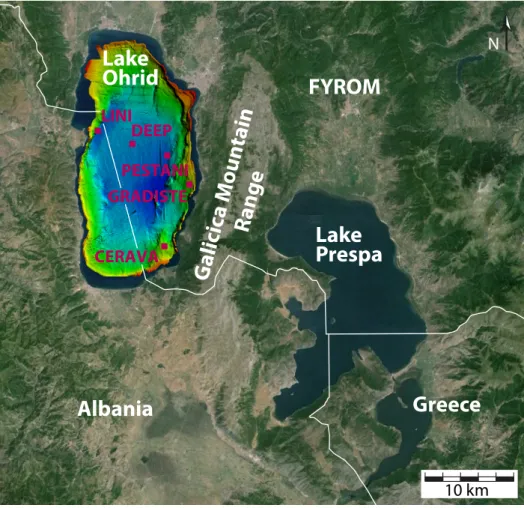 Figure 1.3: Lakes Ohrid and Prespa located at the borders of the Former Yugoslav Republic of Macedonia (FYROM), Albania and Greece, including a bathymetric map of Lake Ohrid (Lindhorst et al., 2012)