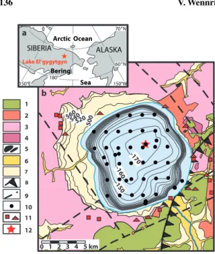 Fig. 1. (a) Map showing the location of Lake El’gygytgyn in the western Beringian Arctic, (b) geological map of the El’gygytgyn impact impact crater illustrating the major stratigraphic units  (mod-ified after Nowaczyk et al., 2002) and major fault systems