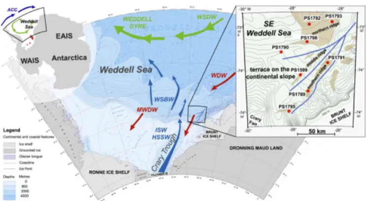 Figure 1. On the left side is an overview map showing whole Antarctica with the West (WAIS)  and  East  (EAIS)  Antarctic  Ice  Sheets  as  well  as  Antarctic  Peninsula