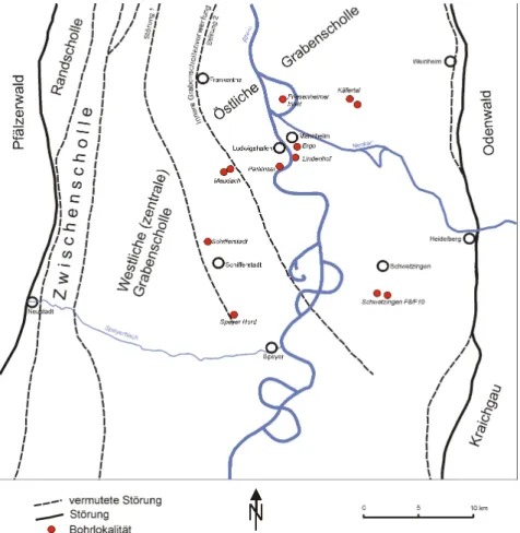 Abb. 5: Tektonische Übersichtskarte des Nördlichen Oberrheingrabens (nach K ÄRCHER  1987) mit Lage der untersuchten Bohrungen (rote Markierungen).