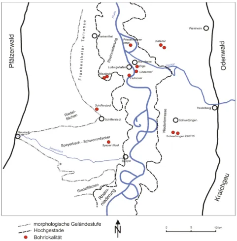 Abb. 6: Morphologische Übersichtskarte des Nördlichen Oberrheingrabens (nach K ÄRCHER  1987) mit Lage der untersuchten Bohrungen (rote Markierungen).