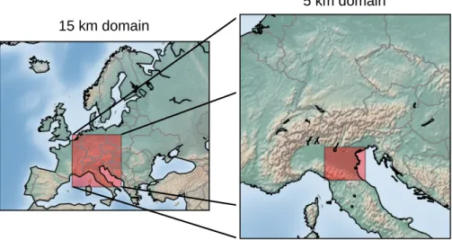 Figure 5.3: 15 km and 5 km domains of EURAD-IM. The nests of each mother domain are indicated in red.