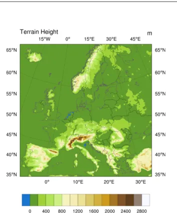 Figure 4.2: WRF domain used in the study. The terrain height is depicted in meters (m).