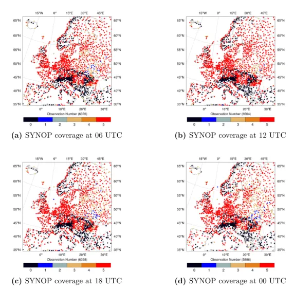 Figure 4.11: SYNOP spatial coverage at the four assimilation hours, for 11.08.2014.