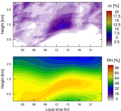 Figure 3.3: The simulated cloud cover (upper panel) and relative humidity (lower panel), averaged over all the simulated days.