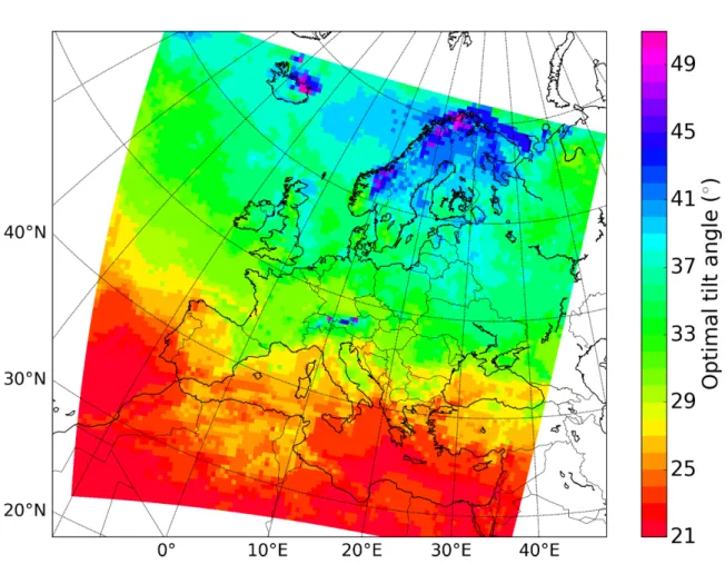 Figure 2.2: European distribution of optimal tilt angles estimated based on hourly radiation values of the year 2014 provided by COSMO-REA6.