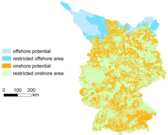 Figure 2.4: Resulting offshore and onshore area restrictions in Ger- Ger-many.