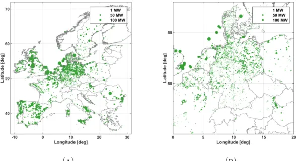 Figure 3.2: Spatial distribution of installed wind power capacities by the end of 2014 for Europe (A) and Germany incl