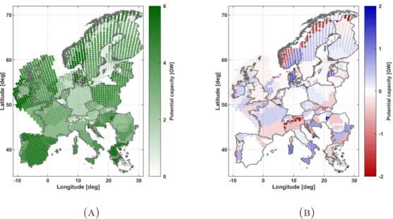 Figure 3.9: Area potentials for European wind power for a method used in RPSM (A) and the residual to an approach by McKenna