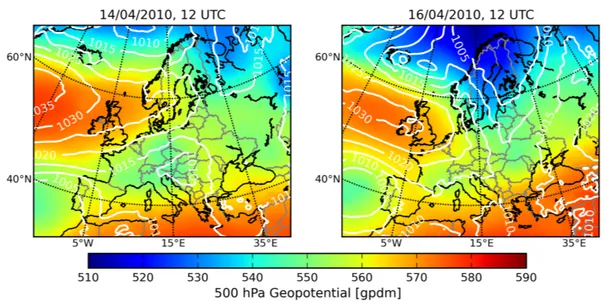 Figure 7.2: Meteorological situation in Europe during the Eyjafjallajökull eruption, showing the geopotential height at 500 hPa (color coded) and the sea level surface pressure (white contours), on 14 and 16 April 2010.