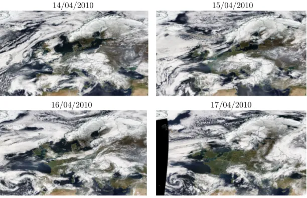 Figure 7.3: Cloud cover above Europe during the Eyjafjallajökull eruption illustrated by daily MODIS (Terra) natural color images of morning overpasses from 14 to 17 April 2010 (source: NASA [2010]).